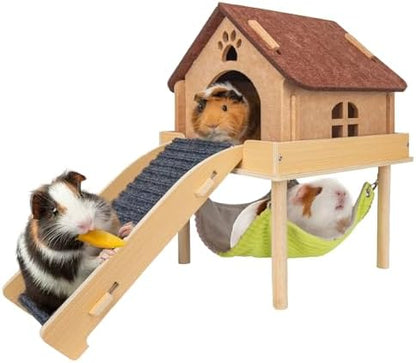 BESNEW wooden guinea pig hideout with house platform and climbing stairs