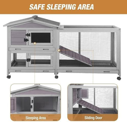 Bunny Cage Indoor and Outdoor Rabbit Hutch with Casters Waterproof Roof, Pull Out Tray from Back and Front 61.2" L x 22.6" W x 33.5" H - Image 6