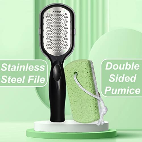 Stainless steel foot file and double-sided pumice stone for exfoliation.