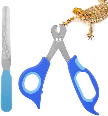 Stainless steel reptile claw trimmer scissors with blue rubberized handle.