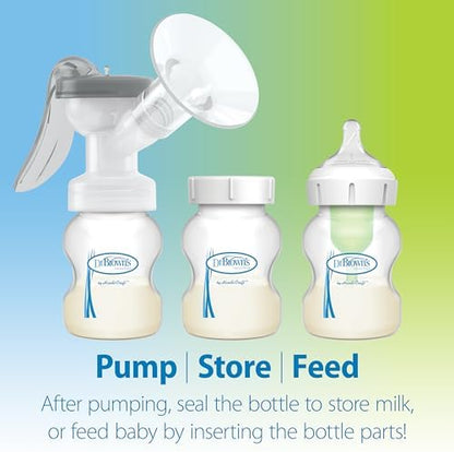 The fully disassembled pieces of the Dr. Brown's manual breast pump showcasing BPA free materials.