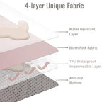 Blissful Diary waterproof floor protector mat catching food spills during toddler mealtime.