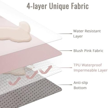 Blissful Diary waterproof floor protector mat catching food spills during toddler mealtime.