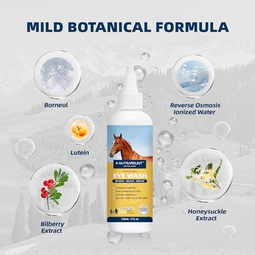 Equine eye wash solution with bilberry and honeysuckle extract for debris removal
