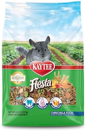 Kaytee Fiesta gourmet chinchilla diet showing ingredient rich blend of seeds grains and fruits.