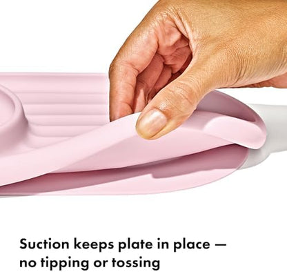 Side profile of Oxo Tot Blossom Pink plate showing sloped walls