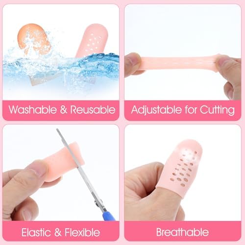 Wanmu elastic gel finger covers being worn on fingers to protect against nail biting and skin picking.