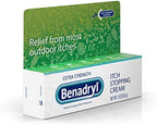 Close up of Benadryl histamine blocker cream highlighting external skin protectant benefits for families