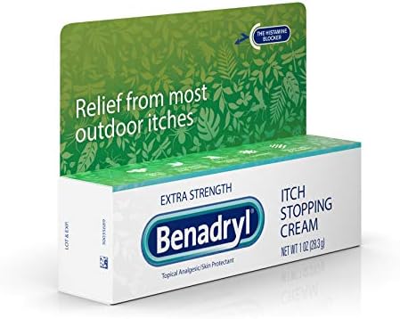 Close up of Benadryl histamine blocker cream highlighting external skin protectant benefits for families