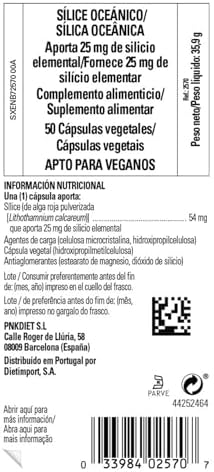Solgar Oceanic Silica capsules displayed next to the amber glass bottle showing product size and vegan formulation.