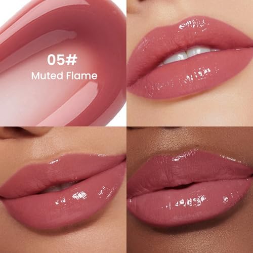 Pudaier Excellent Recovery Glossy Lip Stain, Moisturizing Lip Care Tinted Lip Oil, Hydrating Plumping Lip Gloss Balm, Non-Sticky Long Lasting Light Texture LipGloss Oil for Dry Lip (05 Muted Flame) - Image 3