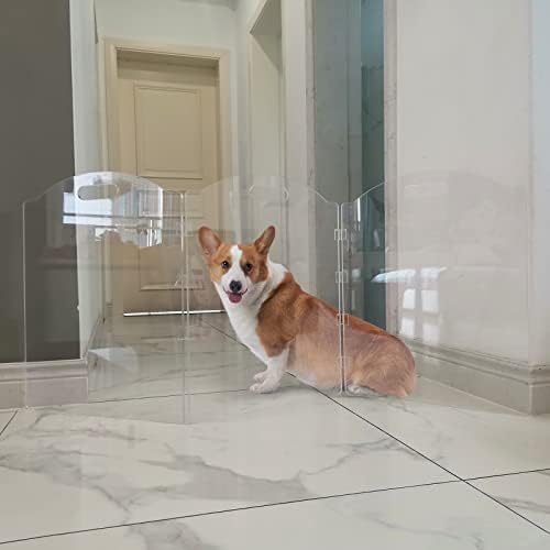 Feoyoho clear freestanding pet fence zigzag setup inside a wide hallway