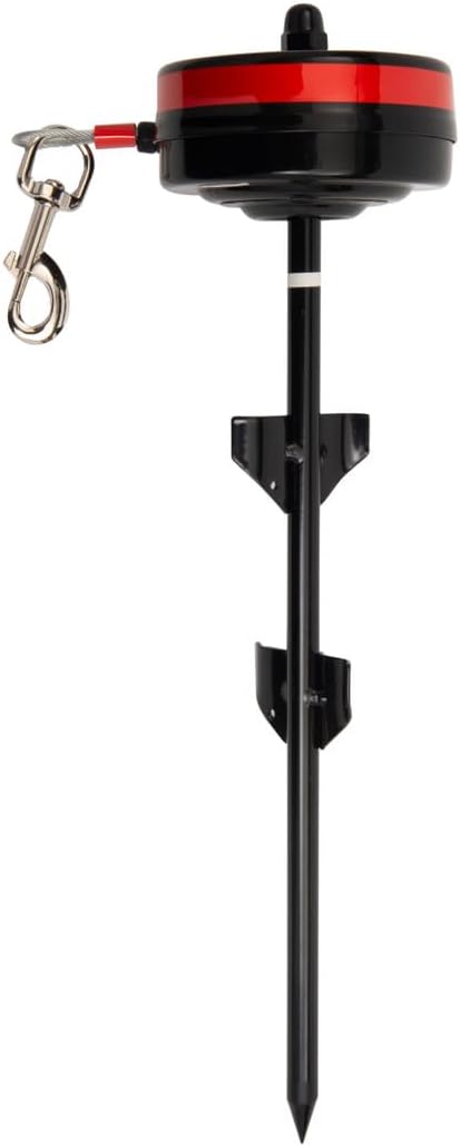 Lixit retractable dog tie out stake with black housing and steel cable