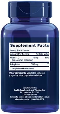 Life Extension L-Arginine 200 vegetarian capsules supplement label