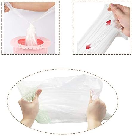 Step by step visual showing how to pull the quick closure drawstrings to knot and seal the waste bag.