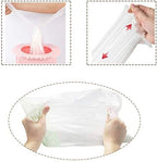 Step by step visual showing how to pull the quick closure drawstrings to knot and seal the waste bag.