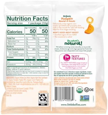 Little Bellies Organic Sweetcorn Round-a-bouts individual snack bag highlighting certified organic ingredients.