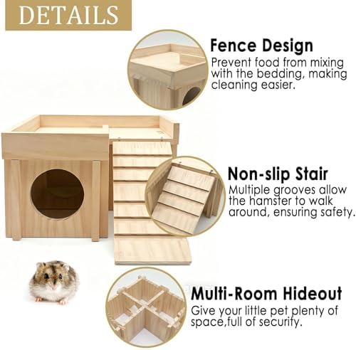 Wooden Hamster Hideout,Dwarf Hamster Hide House with Platform & Bowl & Ladder,Small Hamsters Maze Hut Hides Habitats Decor Cage Accessories for Gerbils,Mice,Mouse - Image 3