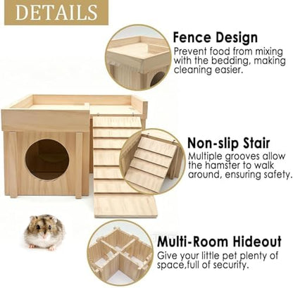 Wooden Hamster Hideout,Dwarf Hamster Hide House with Platform & Bowl & Ladder,Small Hamsters Maze Hut Hides Habitats Decor Cage Accessories for Gerbils,Mice,Mouse - Image 3