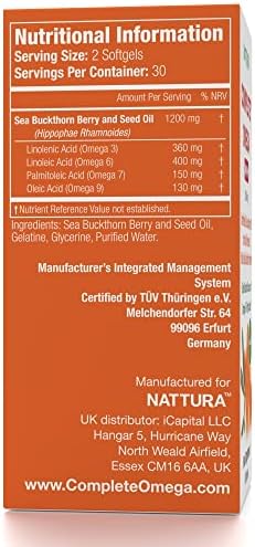 Close up of Nattura 1200 milligram sea buckthorn oil softgels.