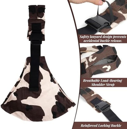 Slumberkiddies hip sling carrier demonstrating secure buckle closure mechanism