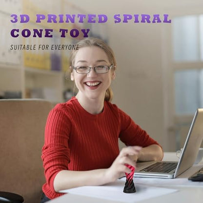 MFUERSTIC premium PLA plastic 3D printed spiral pyramid fidget toy showcased on an office work table