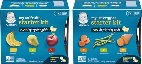 Close up of Gerber fruit and vegetable puree tubs