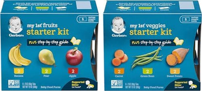 Close up of Gerber fruit and vegetable puree tubs
