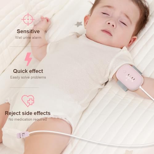 Wearable moisture sensor alarm for children with adjustable arm strap.
