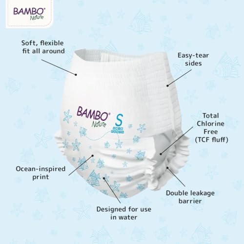 Bambo Nature pool diapers showing the soft elastic three hundred and sixty degree waistband fit
