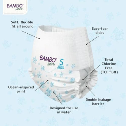 Bambo Nature pool diapers showing the soft elastic three hundred and sixty degree waistband fit