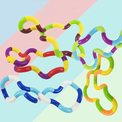 Multicolor flexible tangle puzzle toys disconnected into individual safe plastic pieces.