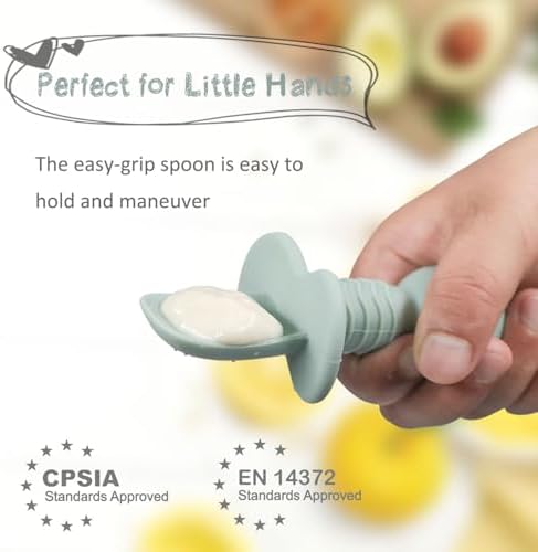 Side angle view of the non toxic BPA free Ginbear silicone utensils emphasizing the sturdy yet soft construction.