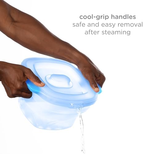 Ubbi collapsible microwave steam sterilizer being placed inside a standard microwave oven for fast steam sanitizing.