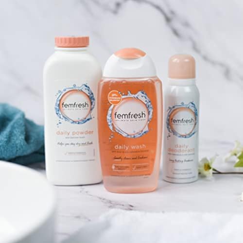 Close up of Femfresh 250ml bottle showing ingredients and usage instructions.