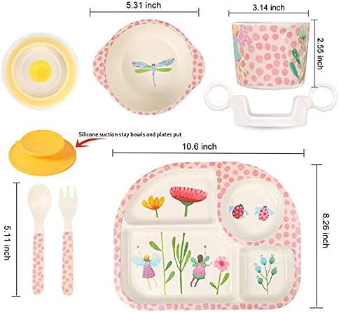 Children dishes with colorful cartoon design and utensils