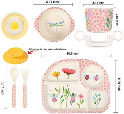 Children dishes with colorful cartoon design and utensils