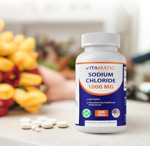 Vitamatic non GMO gluten free sodium chloride tablets bottle display.