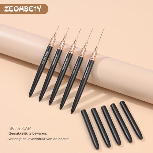 Five piece nail art brush set showing varying bristle lengths