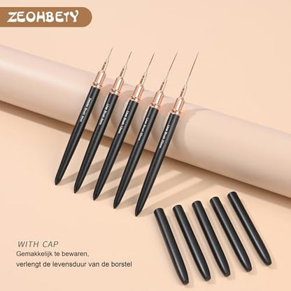 Five piece nail art brush set showing varying bristle lengths
