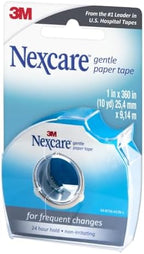 Nexcare hypoallergenic paper tape close up showing the easy tear serrated edge of the dispenser.