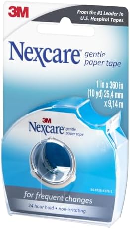 Nexcare hypoallergenic paper tape close up showing the easy tear serrated edge of the dispenser.