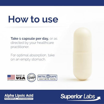 Superior Labs Alpha Lipoic Acid bottle side view showing pure non-GMO formula
