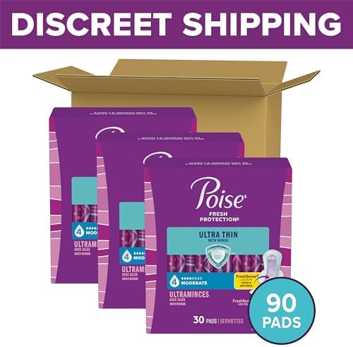 Poise bladder leak pads package highlighting ninety count regular length product details