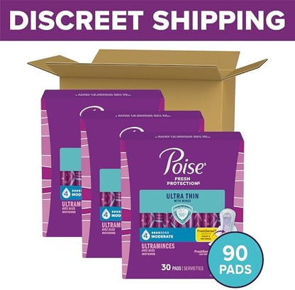 Poise bladder leak pads package highlighting ninety count regular length product details