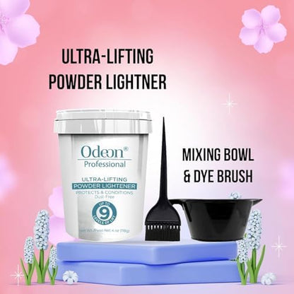Odeon hair bleach kit including the 4 Ounce powder lightener tub along with the bundled black plastic mixing bowl and dye brush.