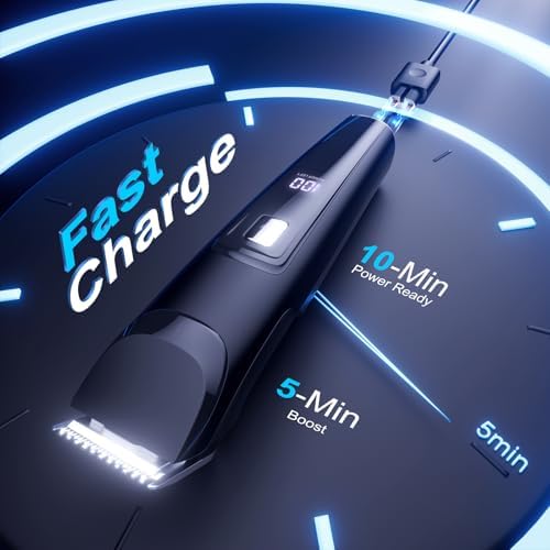 Rechargeable mustache and body shaver showing the USB fast charging port and digital battery life percentage indicator