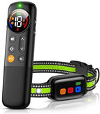 Waterproof rechargeable no shock collar receiver with green reflective strap details.