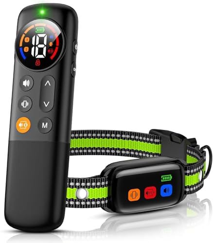 Waterproof rechargeable no shock collar receiver with green reflective strap details.