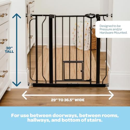 Carlson indoor safety gate with patented small pet door open for cat